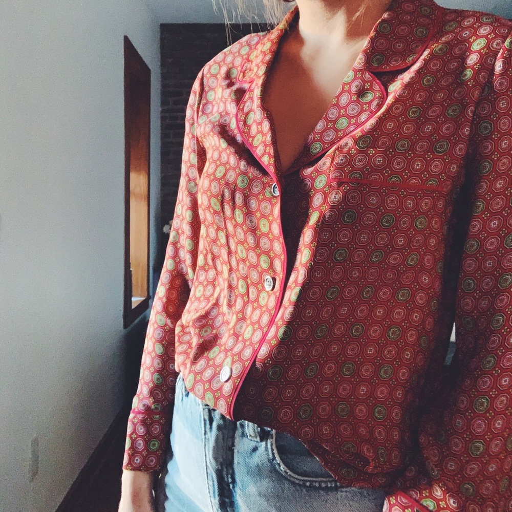 Red Silk Button Down Blouse